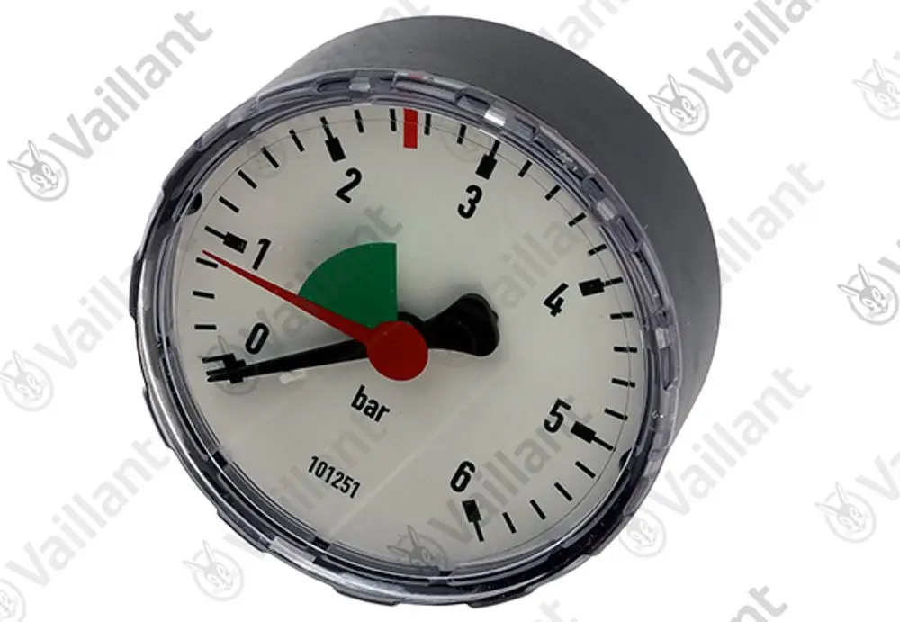 Vaillant-Manometer mit einem Ziffernblatt, das Druckwerte in bar anzeigt. Der Zeiger ist rot und zeigt aktuell auf 0 bar. Gehäuse ist grau mit transparentem Deckel.